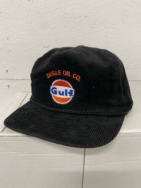 Vintage 80s Gulf Corduroy Embroidered Strapback Trucker Hat, OS, Black